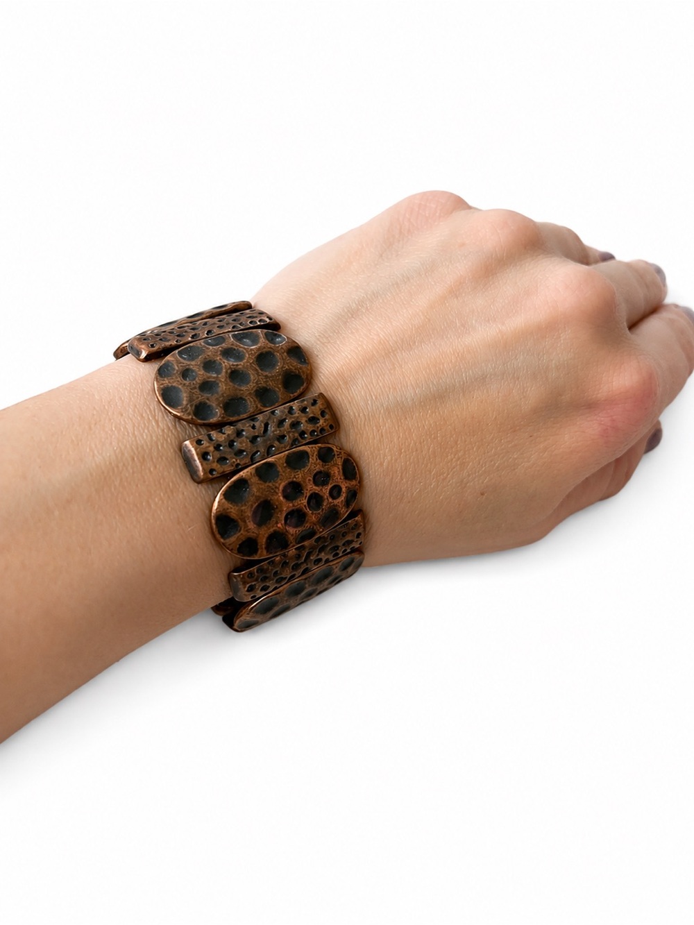 Hammered Copper Tone Stretch Bracelet Boho Textured Statement Jewelry